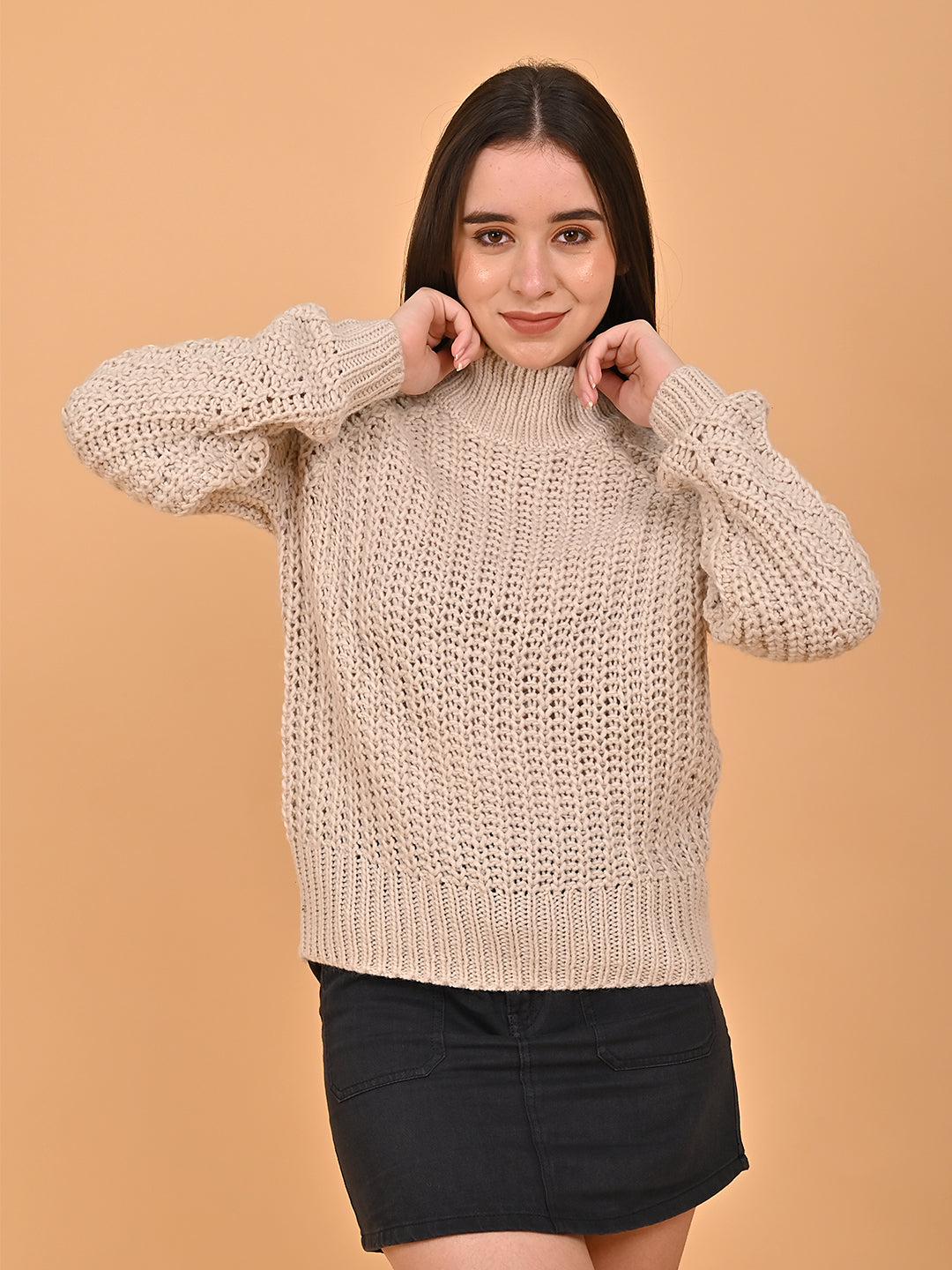 Polyester Full Sleeve with Turtle Neck Beige Sweater