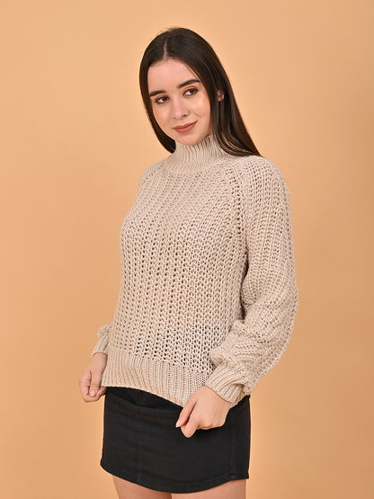 Polyester Full Sleeve with Turtle Neck Beige Sweater