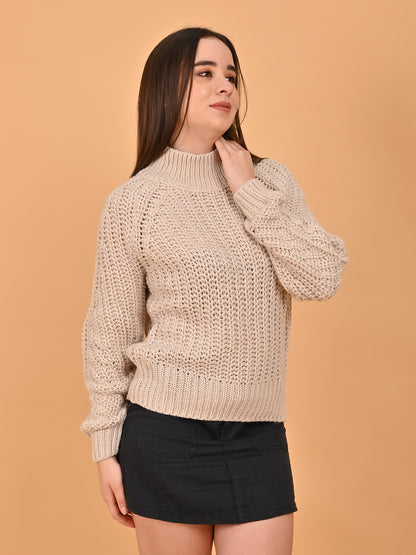 Polyester Full Sleeve with Turtle Neck Beige Sweater