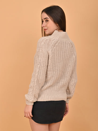 Polyester Full Sleeve with Turtle Neck Beige Sweater