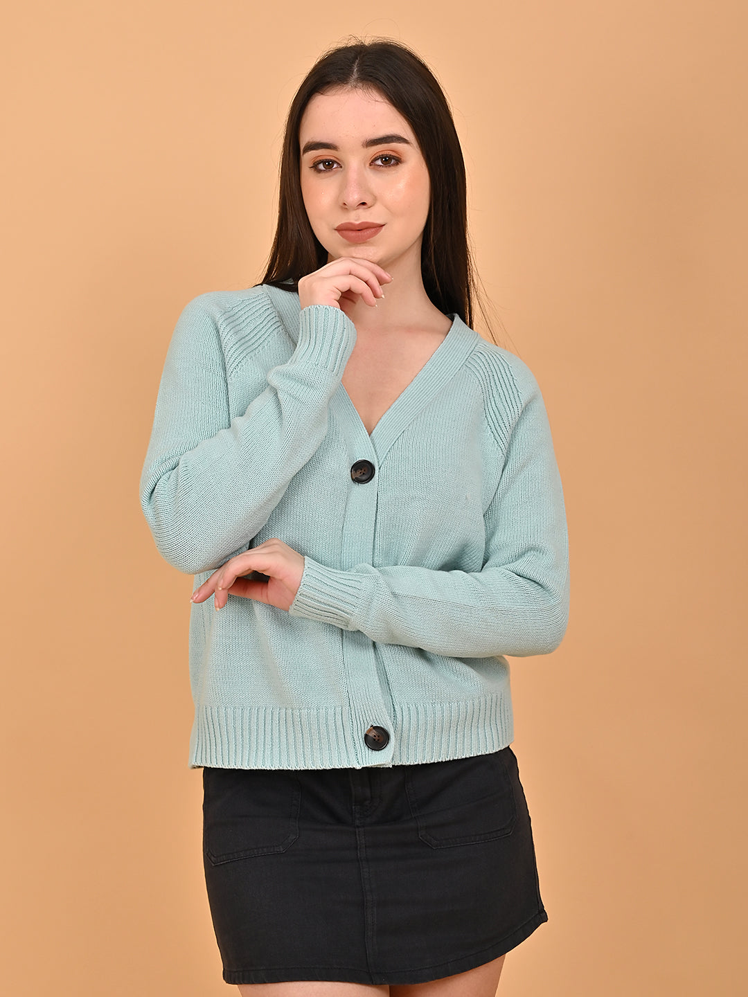 Acrylic Full Sleeve Front Button Closure Blue Cardigan