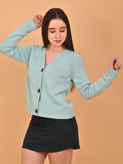 Acrylic Full Sleeve Front Button Closure Blue Cardigan