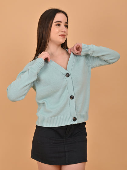 Acrylic Full Sleeve Front Button Closure Blue Cardigan