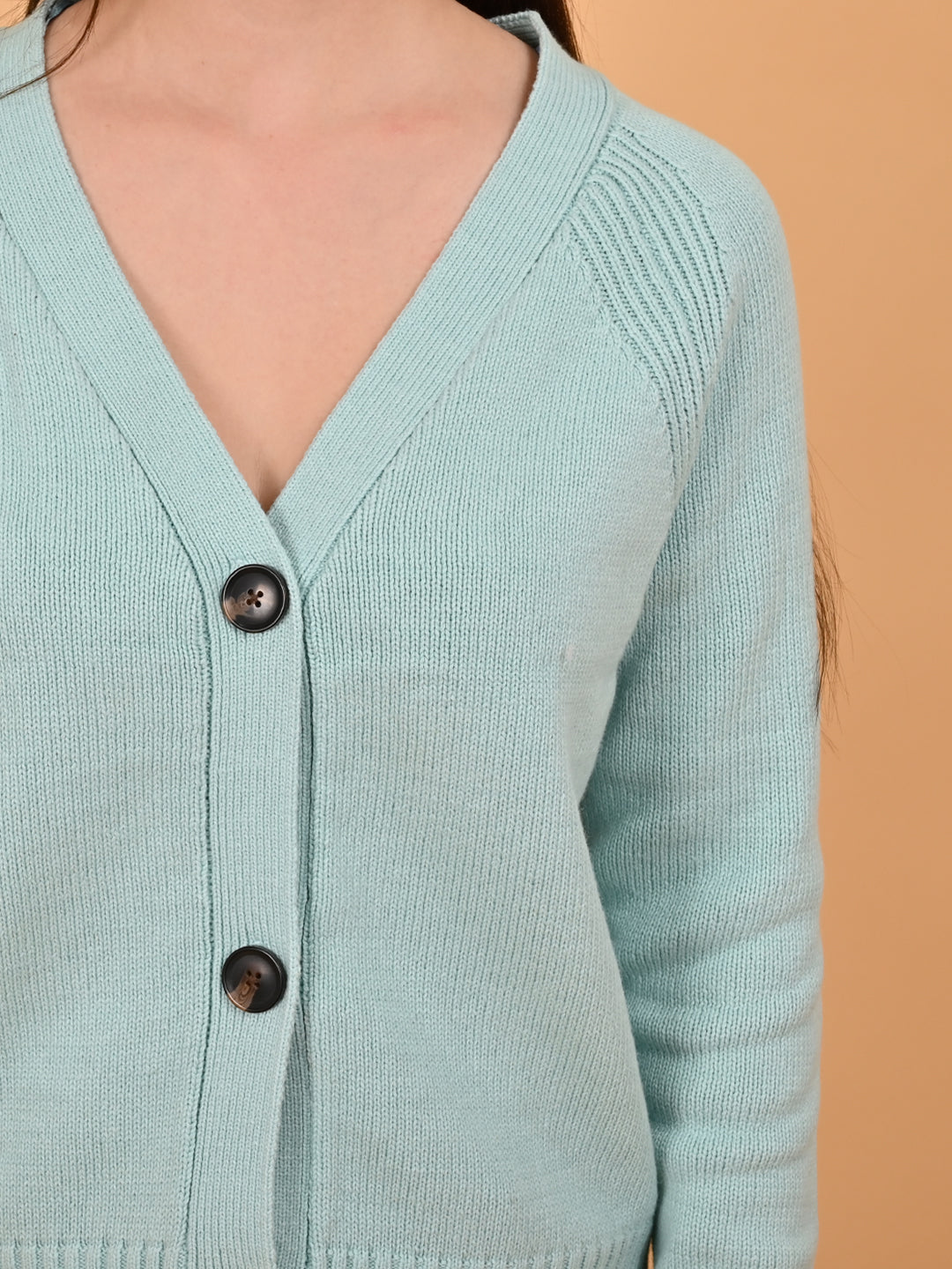 Acrylic Full Sleeve Front Button Closure Blue Cardigan