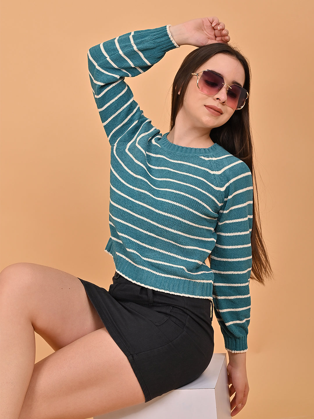 Viscose Blue cropped sweater with Vertical stripes