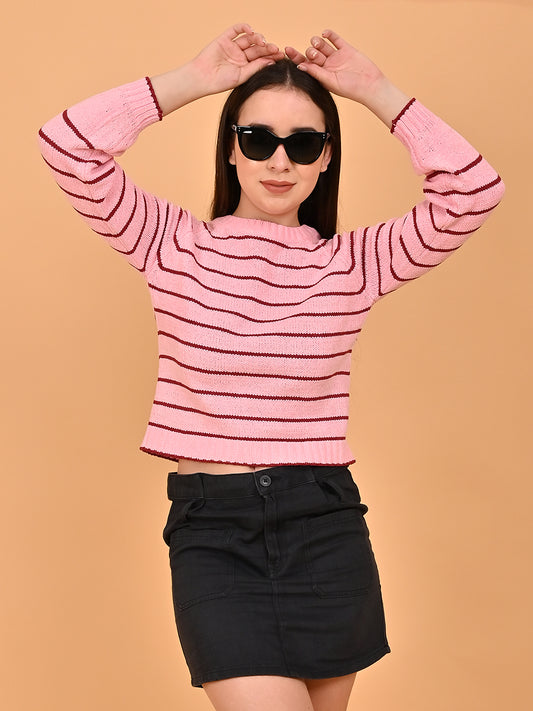 Viscose Pink cropped sweater with Vertical stripes