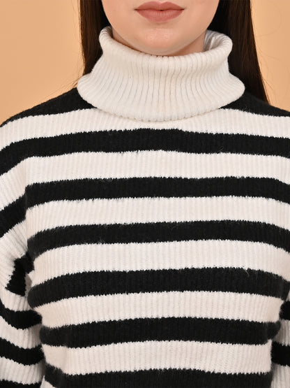 Polyester Full Sleeve with High Neck Loose Drop Shoulder Striped Black Sweater