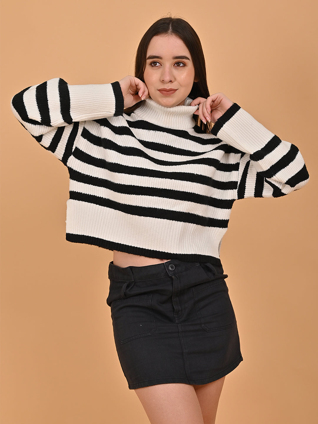 Polyester Full Sleeve with High Neck Loose Drop Shoulder Striped Black Sweater