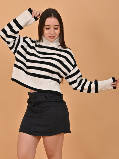 Polyester Full Sleeve with High Neck Loose Drop Shoulder Striped Black Sweater