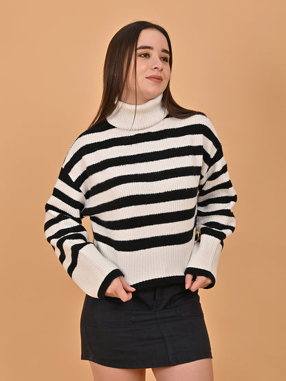 Polyester Full Sleeve with High Neck Loose Drop Shoulder Striped Black Sweater