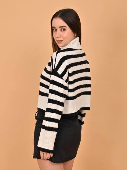 Polyester Full Sleeve with High Neck Loose Drop Shoulder Striped Black Sweater