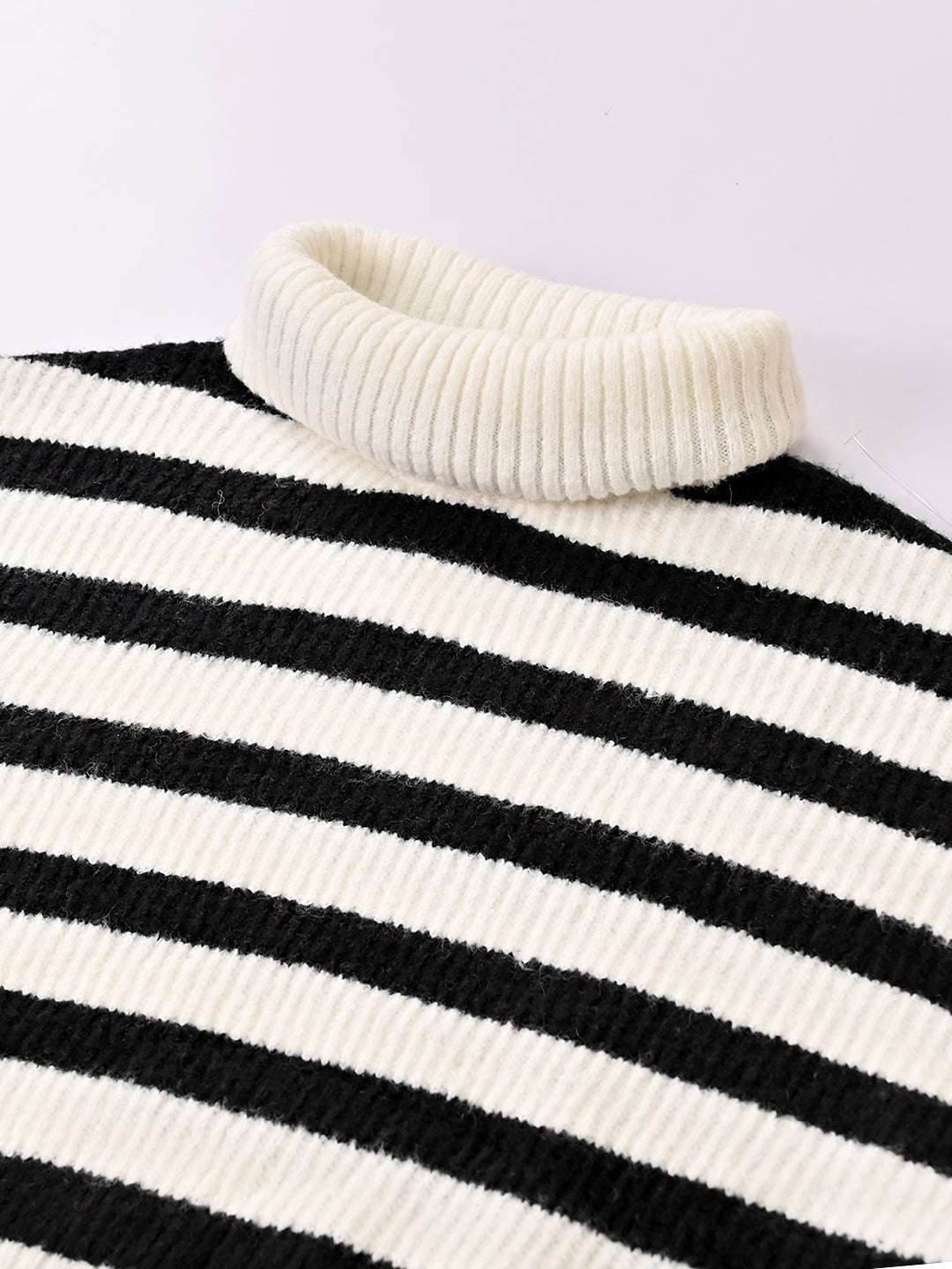 Polyester Full Sleeve with High Neck Loose Drop Shoulder Striped Black Sweater