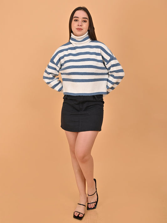 Polyester Full Sleeve with High Neck Loose Drop Shoulder Striped Blue Sweater