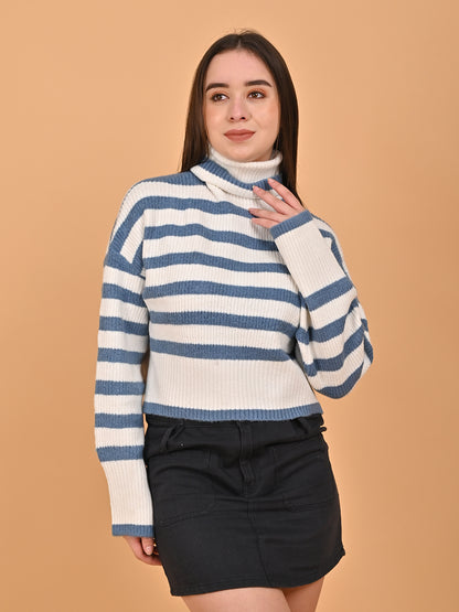 Polyester Full Sleeve with High Neck Loose Drop Shoulder Striped Blue Sweater