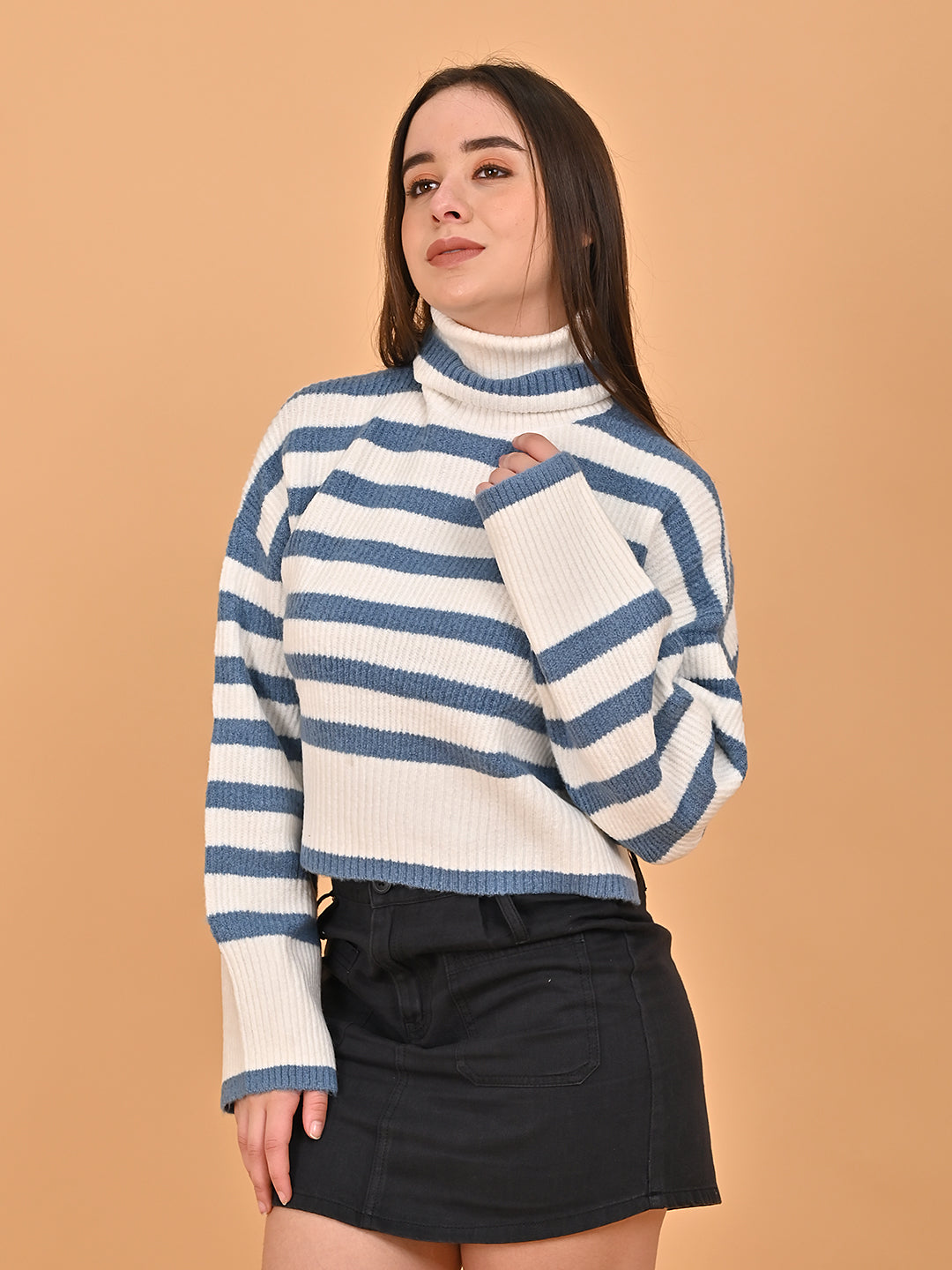 Polyester Full Sleeve with High Neck Loose Drop Shoulder Striped Blue Sweater