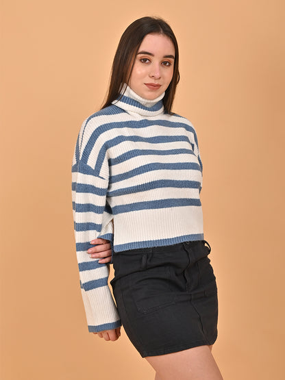 Polyester Full Sleeve with High Neck Loose Drop Shoulder Striped Blue Sweater