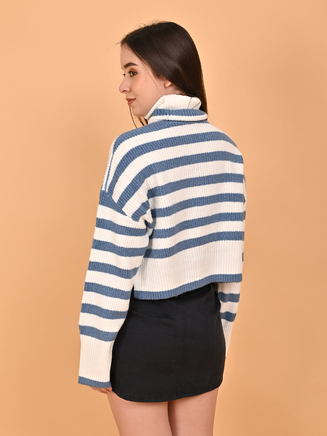 Polyester Full Sleeve with High Neck Loose Drop Shoulder Striped Blue Sweater