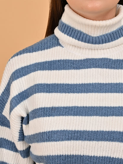 Polyester Full Sleeve with High Neck Loose Drop Shoulder Striped Blue Sweater