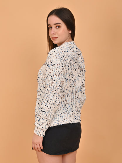 Acrylic Full Sleeve Sweater with Round Neck White Printed Sweater