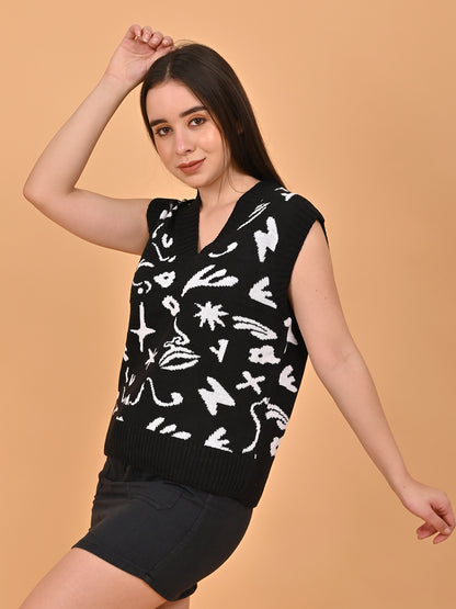 Printed V-neck sleeveless acrylic vest for women