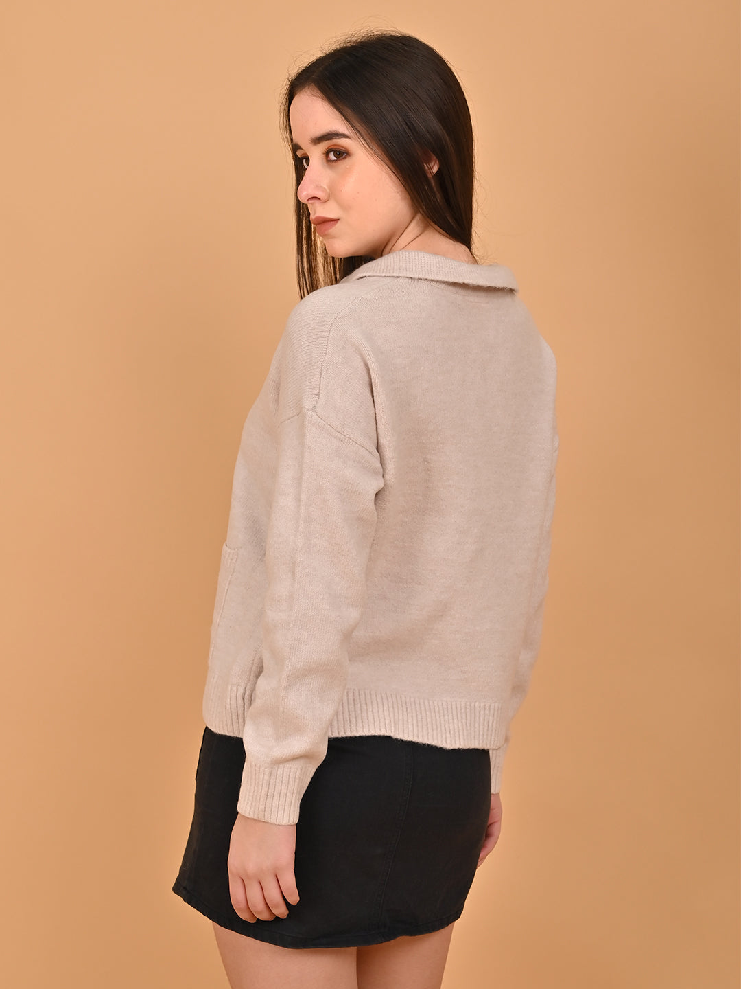 Acrylic Full Sleeve Boxy Fit Drop Shoulder with Front Pockets Cream Sweater