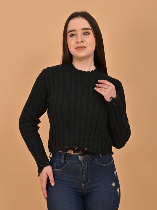 Acrylic Full Sleeve Round Neck Black Sweater