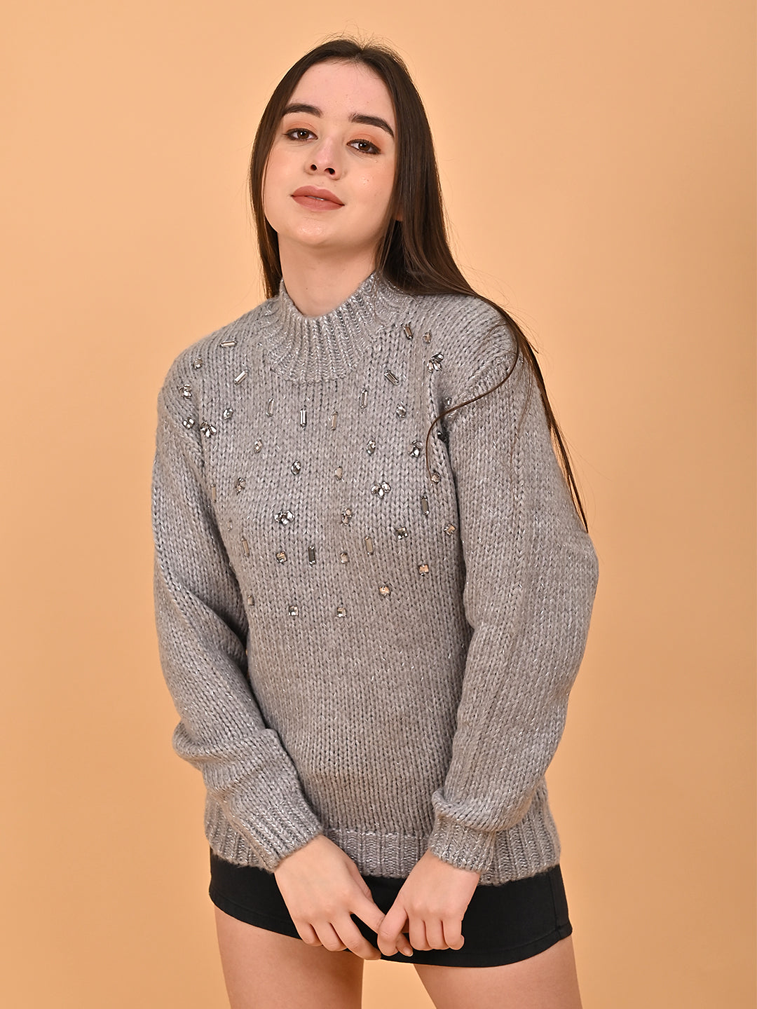 Acrylic Full Sleeve Mock Neck Grey Sweater