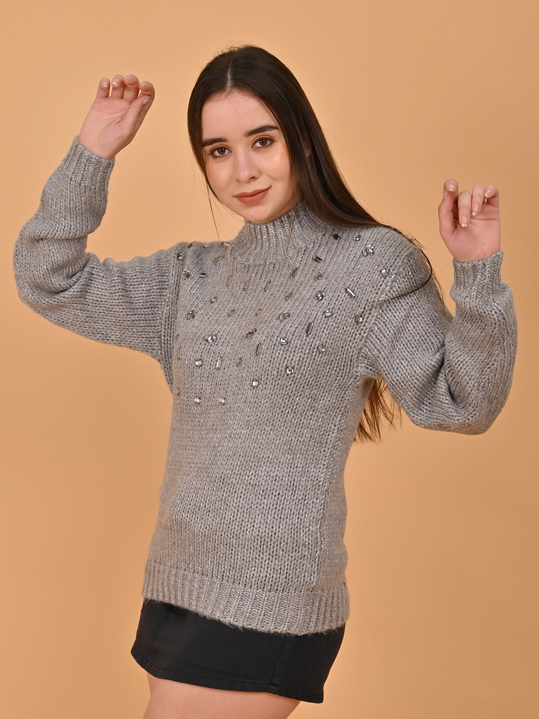 Acrylic Full Sleeve Mock Neck Grey Sweater