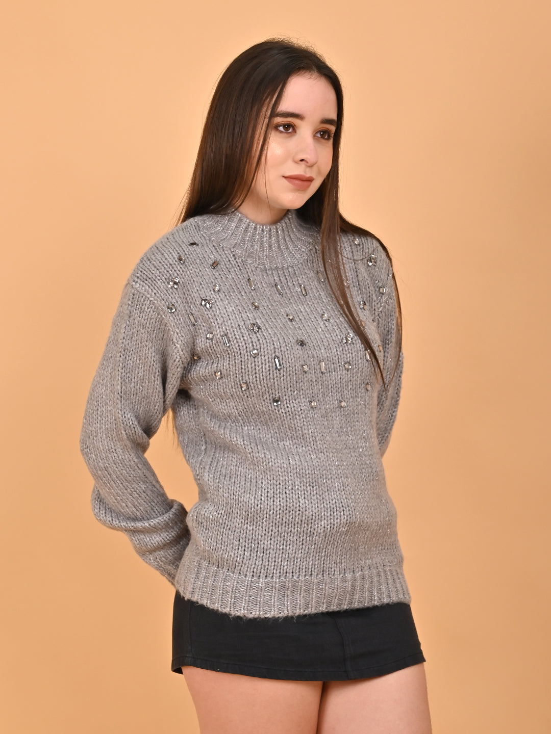 Acrylic Full Sleeve Mock Neck Grey Sweater