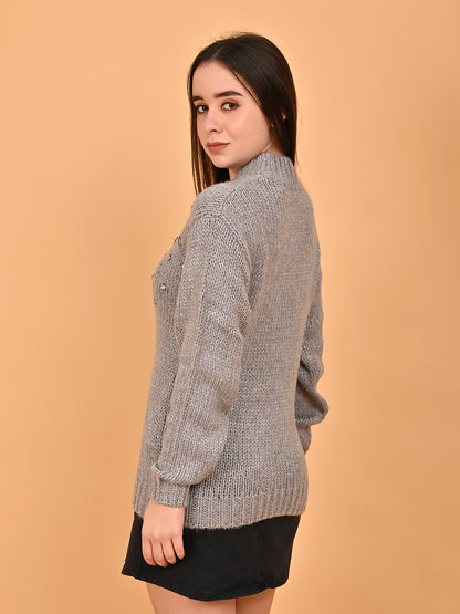 Acrylic Full Sleeve Mock Neck Grey Sweater