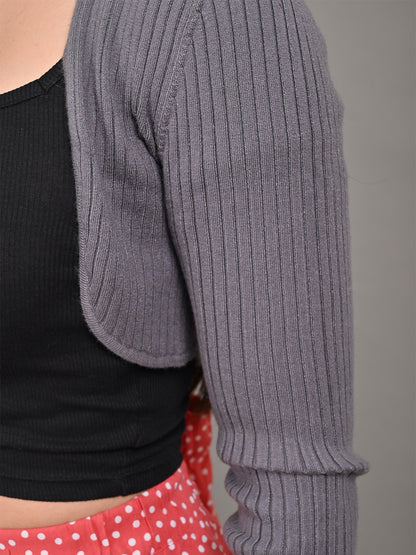 Viscose Full Sleeve with front open Ribbed Short Grey Shrug