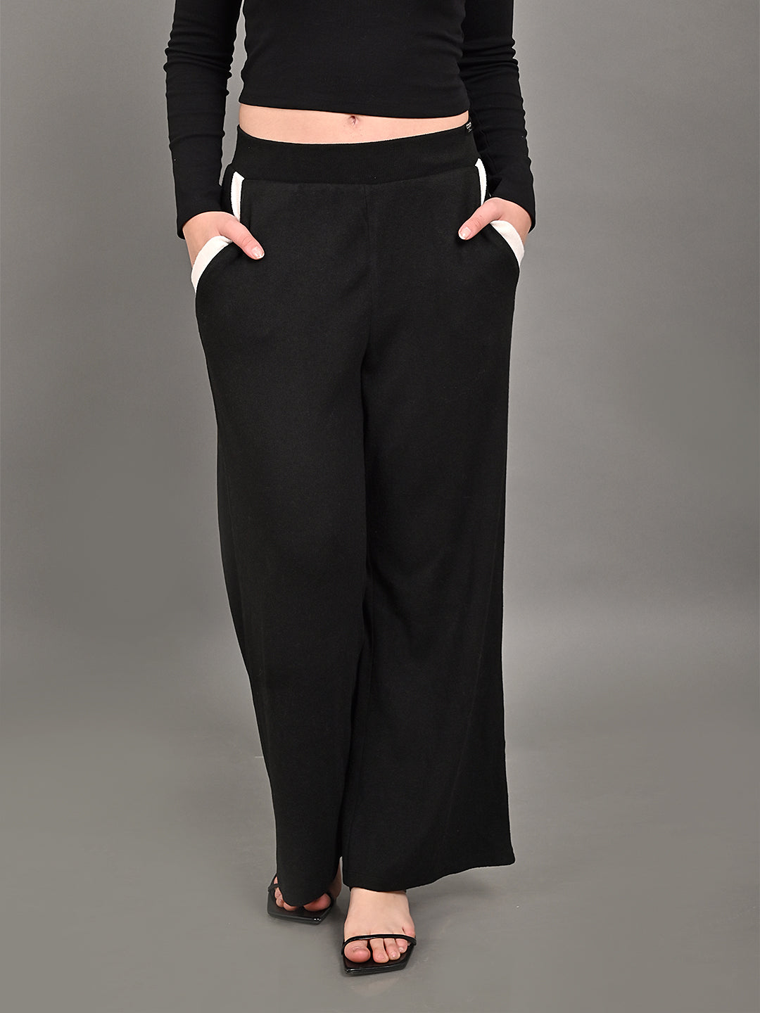 Cotton Midnight High-Rise Teddy Wide Leg Black Trousers