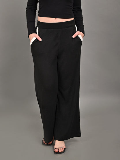 Cotton Midnight High-Rise Teddy Wide Leg Black Trousers