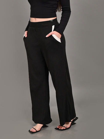 Cotton Midnight High-Rise Teddy Wide Leg Black Trousers