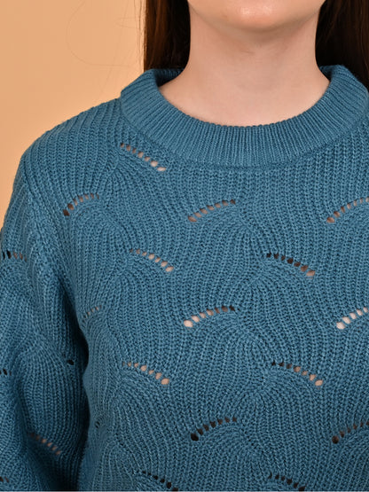 Acrylic Hollow Out Knit Blue Sweater