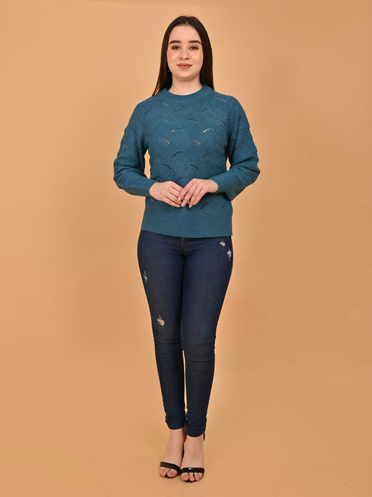 Acrylic Hollow Out Knit Blue Sweater