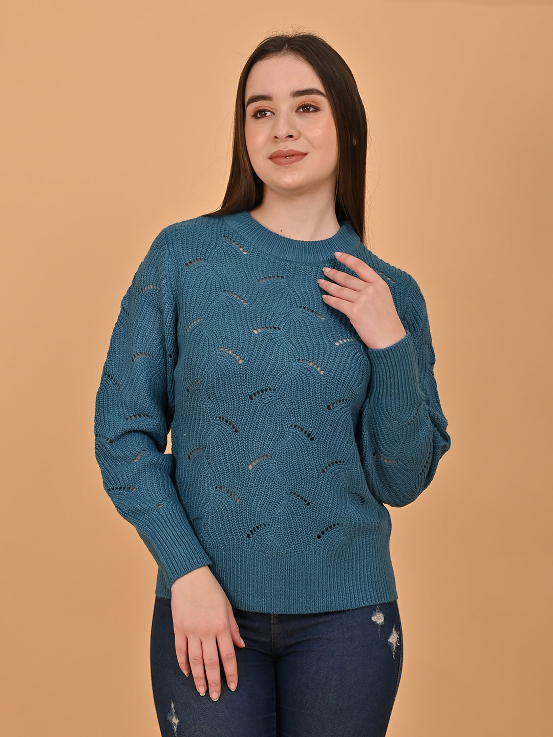 Acrylic Hollow Out Knit Blue Sweater