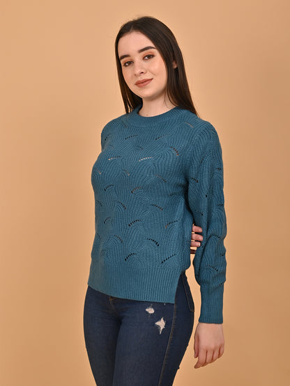 Acrylic Hollow Out Knit Blue Sweater