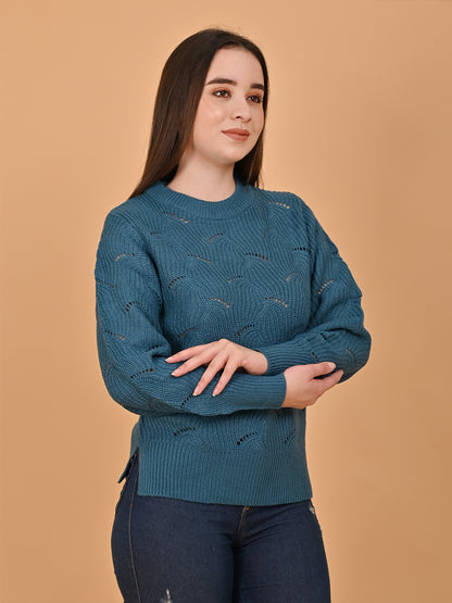 Acrylic Hollow Out Knit Blue Sweater