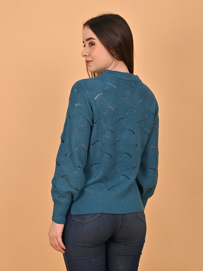 Acrylic Hollow Out Knit Blue Sweater