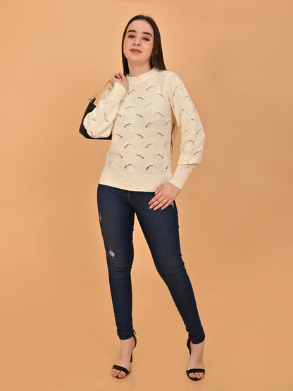 Acrylic Hollow Out Knit White Sweater