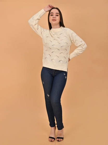 Acrylic Hollow Out Knit White Sweater