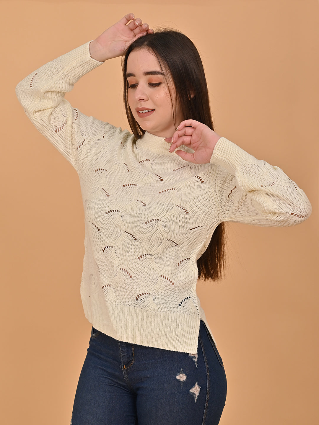 Acrylic Hollow Out Knit White Sweater