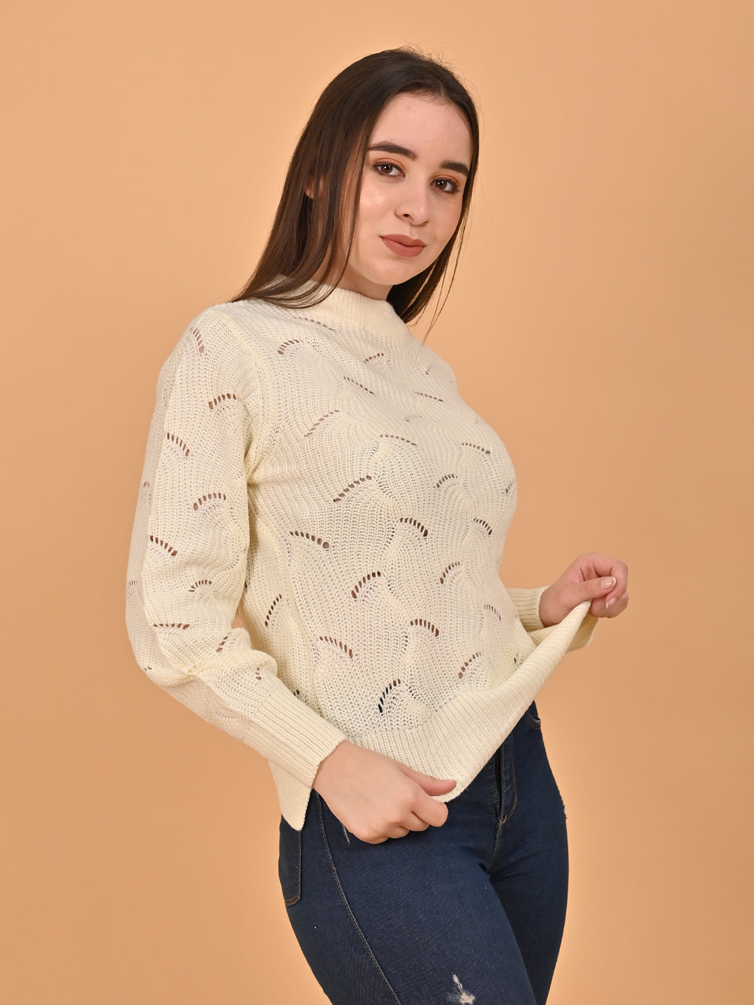 Acrylic Hollow Out Knit White Sweater