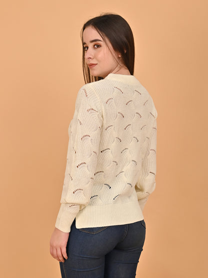 Acrylic Hollow Out Knit White Sweater