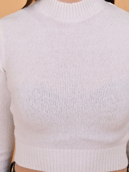 Acrylic Full Sleeve Turtle Neck White Cropped Sweater