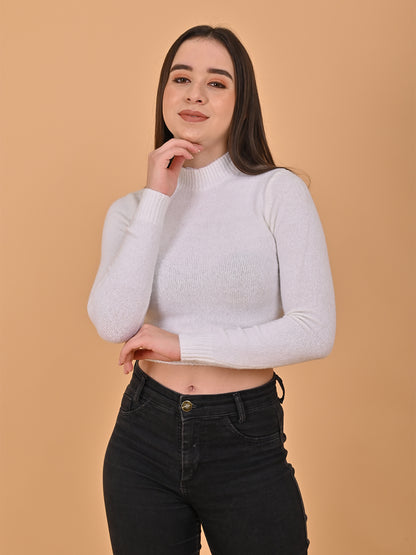 Acrylic Full Sleeve Turtle Neck White Cropped Sweater