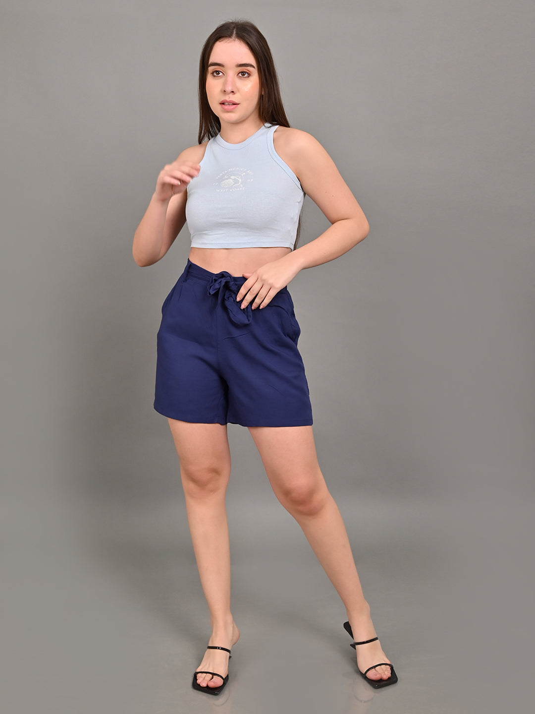 Viscose Elastic waist with drawstring Regular Fit Dark Blue Short