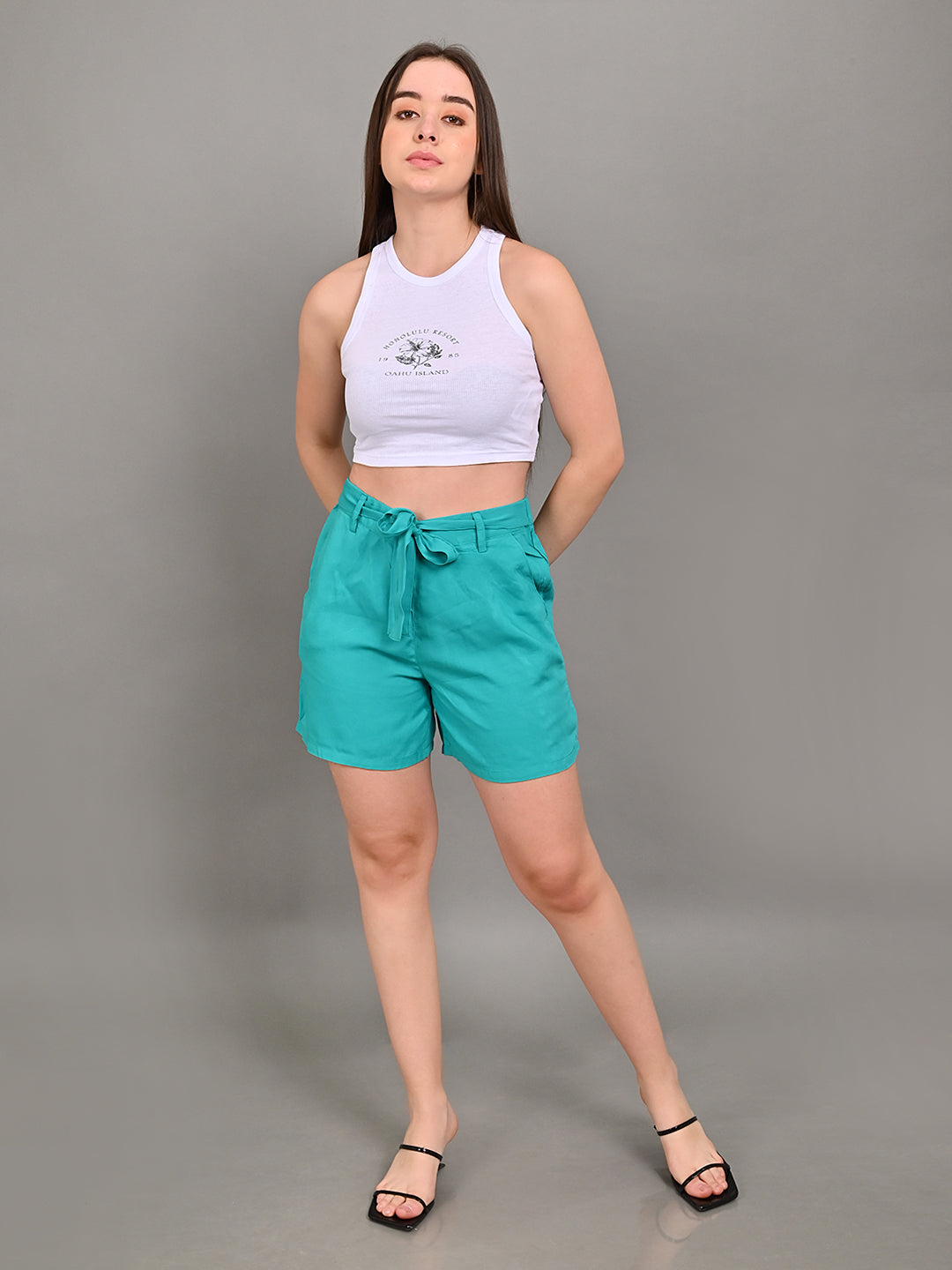 Viscose Elastic waist with drawstring Regular Fit Turquoise Green Short