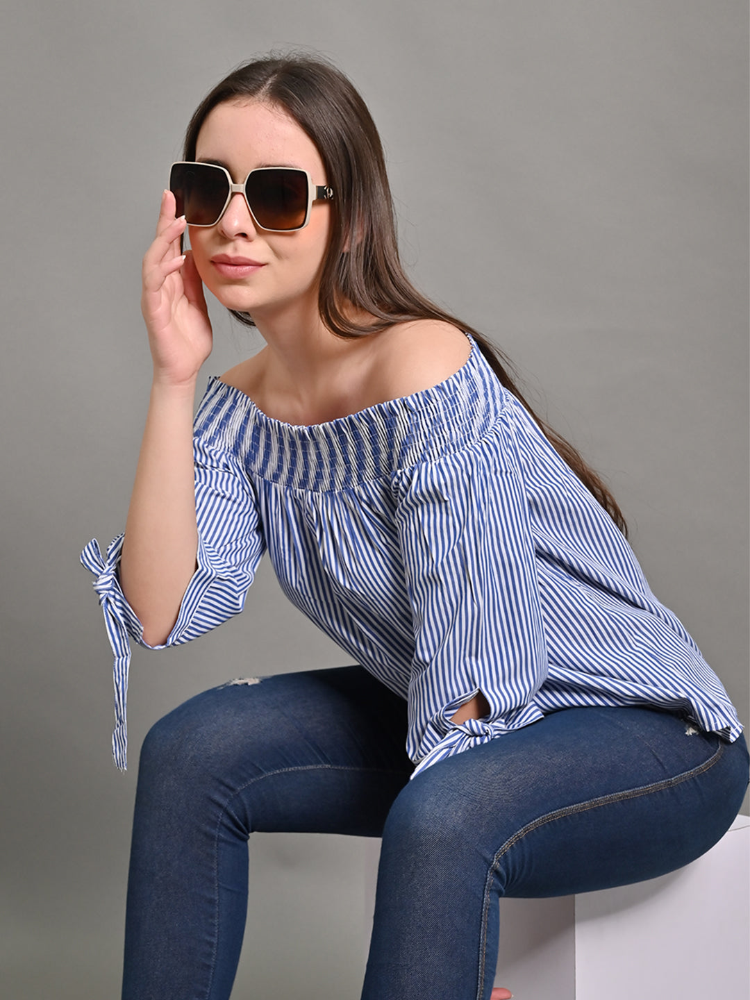 Polyester Light Blue Off-Shoulder Striped Top with Tie Detail 3/4th Length Sleeves Top